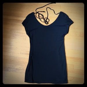 LES COPAINS BLUE tunic w gathered side & ties navy
